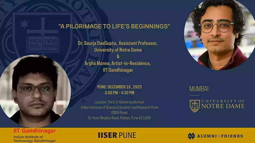 Headshot of Dr. Saurja DasGupta (dark curly hair, glasses, maroon sweater) and Argha Manna (dark hair, glasses, dark shirt) for 'A Pilgrimage to Life's Beginnings' at Notre Dame.